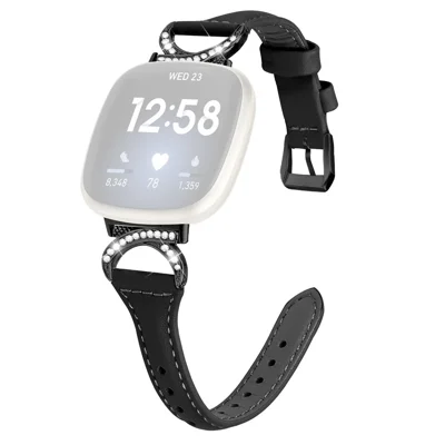 Para Fitbit Versa 3 / Versa 4 / Sense / Sense 2 Pulseira de Relógio com Strass Couro Legítimo de Vaca - Preta