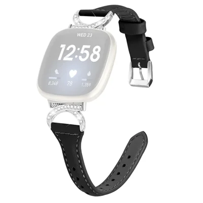 Para Fitbit Versa 3 / Versa 4 / Sense / Sense 2 Watch Band Rhinestone Genuine Cowhide Leather Strap with Silver Buckle - Black