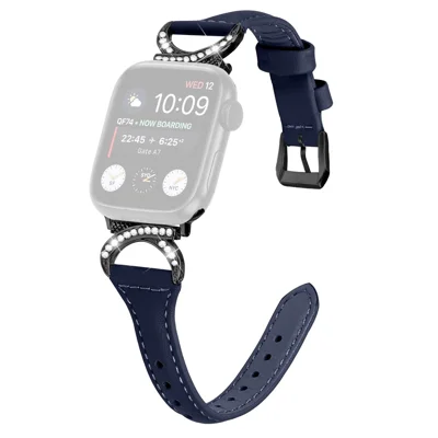 Genuine Cowhide Leather Watch Band for Apple Watch Ultra 4 3 2 1 49mm / Series 12 11 10 46mm / 9 8 7 45mm / SE3 SE2 SE 6 5 4 44mm / 3 2 1 42mm Strap with Black Buckle - Ink Blue