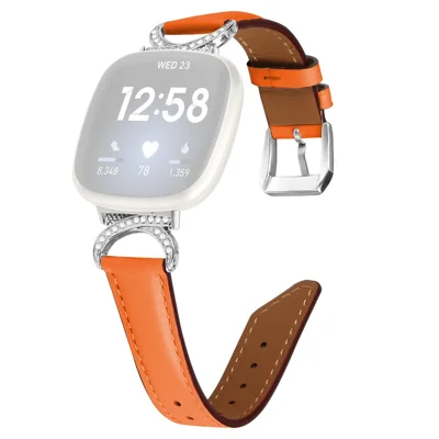 Para Fitbit Versa 3 / Versa 4 / Sense / Sense 2 Rhinestone D-shape Conector Pulseira de Couro Split com Fivela de Prata - Laranja