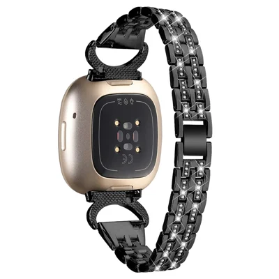 Para Fitbit Versa 4 / Sense 2 Bling Rhinestone Decor Band 5-Bead Stainless Steel Watch Strap Bracelet - Preto