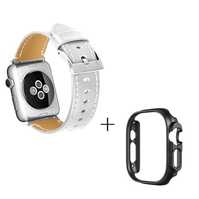 Pour Apple Watch Ultra 49mm Watch Band Genuine Cow Leather Strap with Black PC Watch Case - White