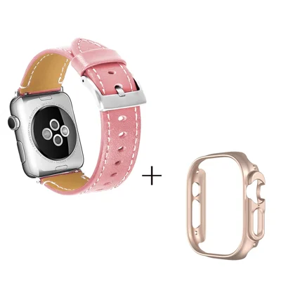 Pour Apple Watch Ultra 49mm Sport Poignet Sangle Véritable Cuir de Vache avec Boîtier de Montre en PC Rose Gold - Rose