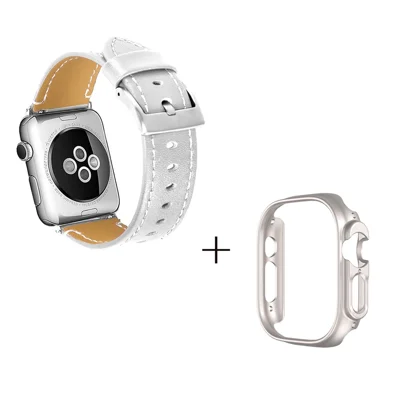 For Apple Watch Ultra 49mm Watch Band Genuine Cow Leather Strap with Starlight PC Watch Case - White