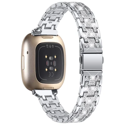 For Fitbit Versa 4 / Sense 2 Rhinestones Decor Metal Watch Band 5 Beads Dual Press Buckle Dressy Replacement Bracelet - Silver