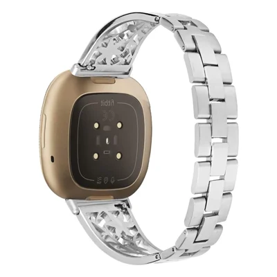 Watch Strap for Fitbit Versa 4 / Sense 2 , Rhinestone Decor Stainless Steel Replacement Wrist Band - Silver