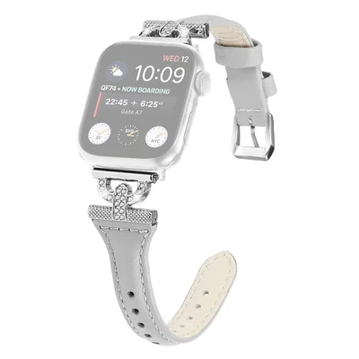 Genuine Cow Leather Watch Band for Apple Watch Series 12 11 10 42mm / 9 8 7 41mm / SE3 SE2 SE 6 5 4 40mm / 3 2 1 38mm Silver Buckle Rhinestone Decor Strap - Silver