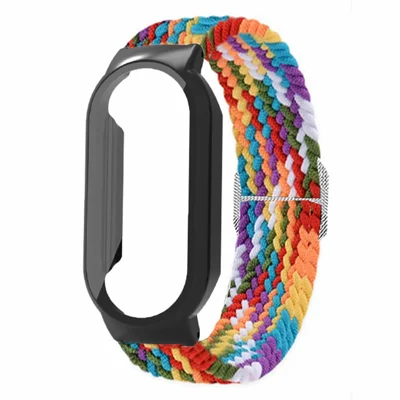 For Xiaomi Smart Band 8 Braided Nylon Watch Band Elastic Wrist Strap with Watch Case and Screen Protector - Rainbow+Black Case