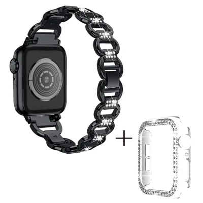 For Apple Watch Series 7 / 8 41mm Replacement Strap Rhinestones Decor Oval Alloy Band + Clear PC Watch Case - Black