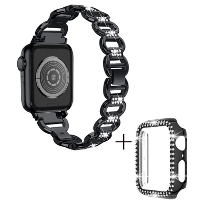 Pour Apple Watch Ultra 49mm Rhinestones Decor Oval Shape Alloy Watch Strap + PC Anti-scratch Watch Case - Noir