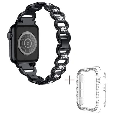 Pour Apple Watch Ultra 49mm Rhinestones Decor Remplacement Ovale Forme Alliage Bracelet + PC Clair Boîtier de Montre - Noir
