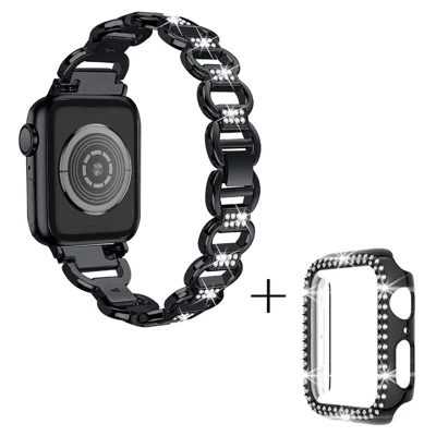 Para Apple Watch Series 4 / 5 / 6 / SE / SE (2022) 44mm Oval Alloy Rhinestones Decor Watch Strap + PC Anti-drop Watch Case - Negro