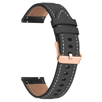 For Huawei Watch GT 7 41mm / Garmin Forerunner 265S / 255S / Venu 2S Watch Band Quick-Release-18mm Genuine Cow Leather Wrist Strap, Rose Gold Buckle - Black