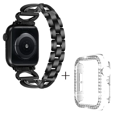Pour Apple Watch Ultra 49mm Bracelet Poignet Strass X-forme Alliage Bracelet + Boîtier PC Transparent - Noir