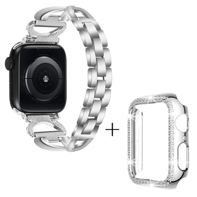 For Apple Watch Series 7 / 8 41mm Rhinestones Decor Wrist Band X-shape Alloy Strap + PC Watch Case - Silver