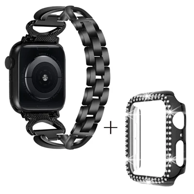 Pour Apple Watch Ultra 49mm Rhinestones Bracelet X-shape Alliage Bracelet + PC Anti-drop Boîtier de Montre - Noir