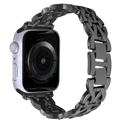 For Apple Watch Ultra 4 3 2 1 49mm / Series 12 11 10 46mm / 9 8 7 45mm / SE3 SE2 SE 6 5 4 44mm / 3 2 1 42mm Alloy Watch Band Double X Rhinestone Strap - Black