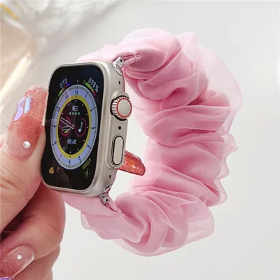 Haarband-Style Armband für Apple Watch Ultra 3 2 1 49 mm / Series 11 10 46 mm / 9 8 7 45 mm / SE3 SE2 SE 6 5 4 44 mm / 3 2 1 42 mm, Organza-Armband AW – Rosa