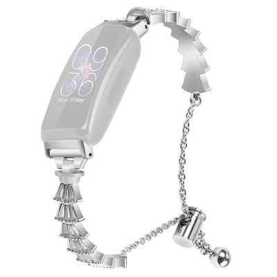 Para Fitbit Inspire / Inspire HR / Inspire 2 Sliding Jewelry Watchband Metal Silver Bracelet Strap com Rhinestones