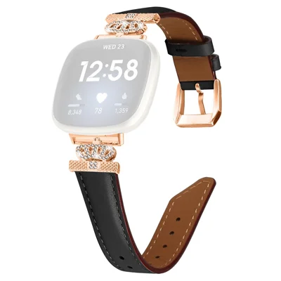 For Fitbit Versa 3 / Versa 4 / Sense / Sense 2 Rose Gold Buckle Watch Band Crown Rhinestone Wrist Strap - Black