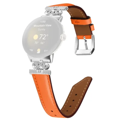 Silver Buckle Band for Google Pixel Watch 5 / Watch 4 / Watch 3 / Watch 2 / Watch 41mm Crown Rhinestone Decor Genuine Cowhide Leather Wrist Strap - Orange
