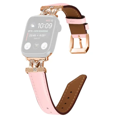 Watch Band for Apple Watch Ultra 4 3 2 1 49mm / Series 12 11 10 46mm / 9 8 7 45mm / SE3 SE2 SE 6 5 4 44mm / 3 2 1 42mm Rhinestone M-Shape Connector Strap with Rose Gold Buckle - Pink