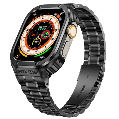 Pour Apple Watch Series 9 / 8 / 7 45mm Bracelet de montre en métal intégral avec boîtier - Noir