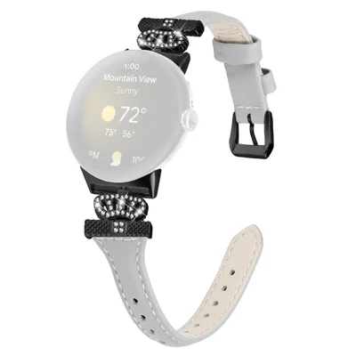 Correa para reloj con hebilla negra, corona con circonitas, conector y pulsera para Google Pixel Watch 3 41 mm / Watch 2 / Pixel Watch - Gris