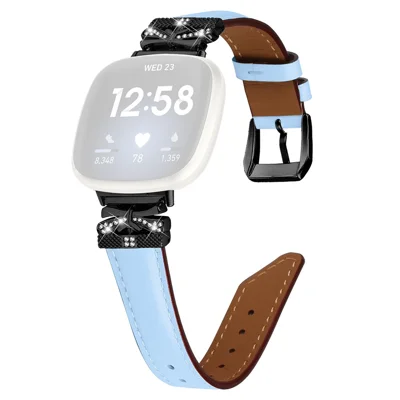 For Fitbit Versa 3 / 4 / Sense / Sense 2 Black Buckle Geniune Cowhide Leather Band Butterfly Watch Strap - Blue