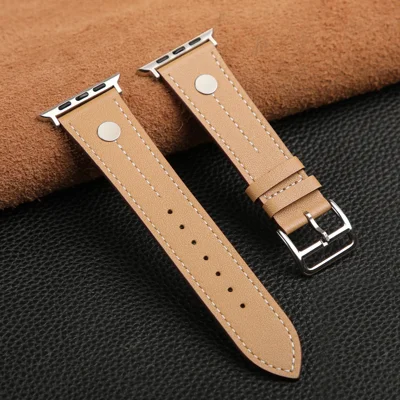 Watch Strap for Apple Watch Series 12 11 10 42mm / 9 8 7 41mm / SE3 SE2 SE 6 5 4 40mm / 3 2 1 38mm Rivet Decor Watch Band Genuine Cow Leather Strap - Light Yellow