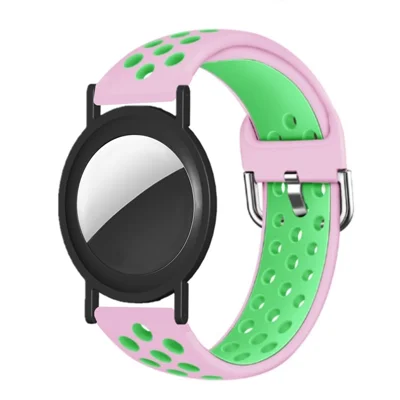 Silikonrem för Apple AirTag-spårare PC-ramhållare, tvåfärgad justbar bandarmband - Rosa+Grön