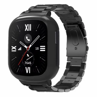 For Honor Watch 4 Watch Strap 3-Bead Stainless Steel Wrist Strap with PC Watch Case - Black+Black Case