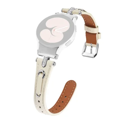For Samsung Galaxy Watch FE 40mm / Watch4 / Watch4 Classic / Watch 5 / 5 Pro Watch Band Genuine Cow Leather Strap with Silver Connector - Apricot