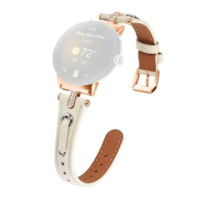 For Google Pixel Watch 5 / Watch 4 / Watch 3 / Watch 2 / Watch 41mm Genuine Cow Leather Watch Strap Rhinestone Decor Rose Gold Buckle Watch Band - Apricot