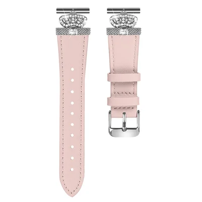 Para GarminMove 3 / Vivomove 3 Correa de reloj con adorno de corona de brillantes, cuero vacuno genuino, conector plateado - Rosa