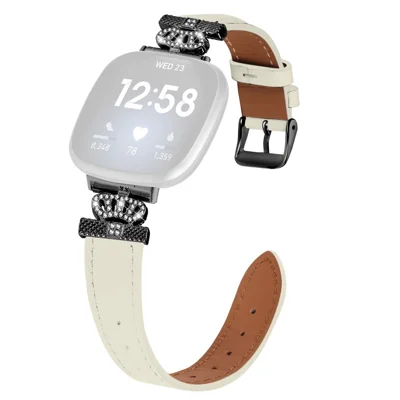 Para Fitbit Versa 4 / Sense 2 Genuine Piel de Vaca Corona Rhinestone Decoración Correa de Reloj (Hebilla Negra) - Albaricoque