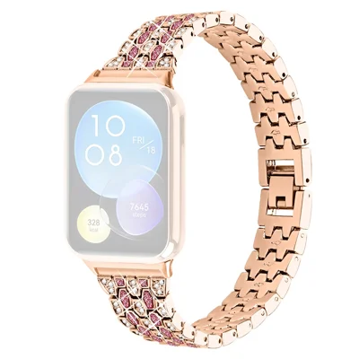 For Xiaomi Smart Band 10 Pro / 9 Pro / 8 Pro / Redmi Watch 6 / 5 / 4 3 Rows Rhinestone Zinc Alloy Watch Band Women Replacement Strap - Rose Gold+Rose