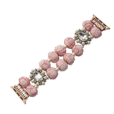 For Apple Watch Series 12 11 10 42mm / 9 8 7 41mm / SE3 SE2 SE 6 5 4 40mm / 3 2 1 38mm Velvet Cotton Beaded Bracelet - Pink