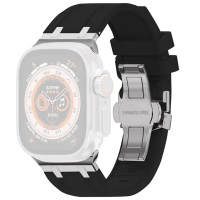 For Apple Watch Series 12 11 10 42mm / 9 8 7 41mm / SE3 SE2 SE 6 5 4 40mm / 3 2 1 38mm Silicone Band Butterfly Buckle Watch Strap - Black