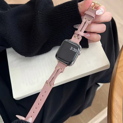 Band For Apple Watch Series 12 11 10 42mm / 9 8 7 41mm / SE3 SE2 SE 6 5 4 40mm / 3 2 1 38mm Genuine Cow Leather Wrist Strap - Sand Pink