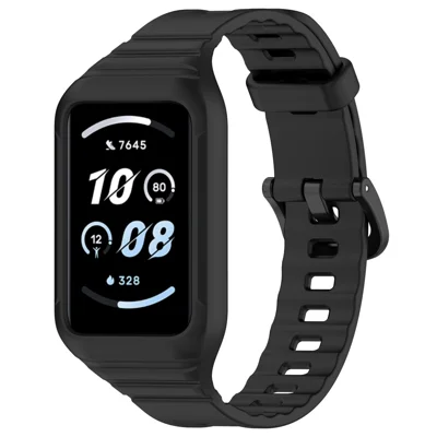 For Honor Band 9 Replacement Watch Band Silicone Strap with Protective Case - Black