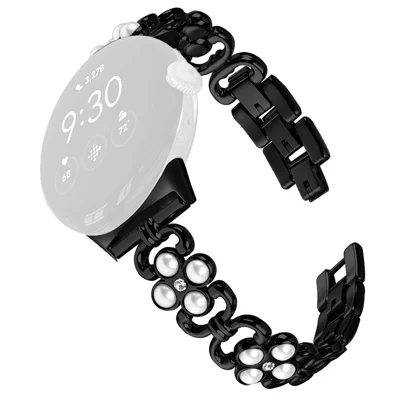 Stainless Steel Band for Google Pixel 2 Pearl Decor Four Leaf Clover Watch Strap - Black
