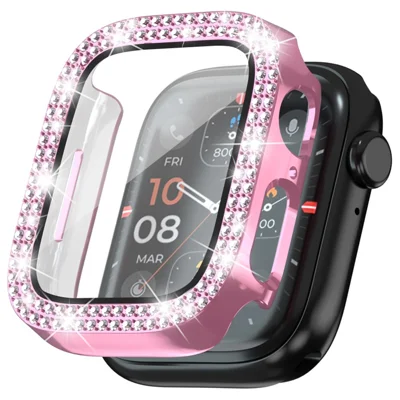 For Apple Watch Series SE3 / SE2 / SE1 /  6 / 5 / 4 44mm Rhinestone Decor Electroplating PC Watch Case with Tempered Glass Film - Pink
