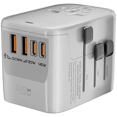 HHT906 PD 45W GaN Worldwide Travel Power Adapter 2xType-C + 2xUSB Charger Plug Converter - White