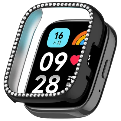 For Xiaomi Redmi Watch 3 Active / Watch 3 Lite Watch Case Rhinestone Decor Hollow Design Electroplating PC Watch Cover - Black