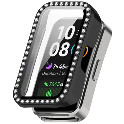 غطاء لساعة Huawei Band 10 / 9 / 8 مع زخارف من حبات الراين، غطاء واقي مصنوع من البولي كربونات + فيلم زجاجي مقسّى - أسود