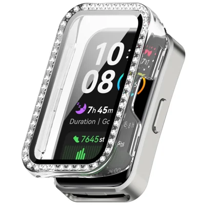 Voor Huawei Band 10 / 9 / 8 Transparante Hoesje Met Strassversiering PC + Gehard Glas Film Beschermhoes voor Horloge