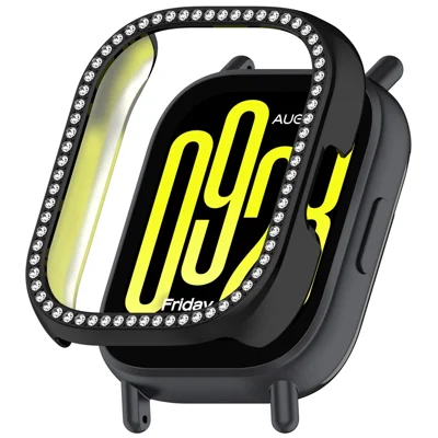 For Xiaomi Redmi Watch 5 Lite Watch Case Rhinestone Decor Hollow Electroplating PC Watch Cover - Black
