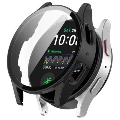 WANLONFENG For Samsung Galaxy Watch7 44mm Watch Case  PC Frame Cover with Tempered Glass Screen Protector - Black