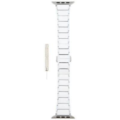 Watch Band for Apple Watch Ultra 4 3 2 1 49mm / Series 12 11 10 46mm / 9 8 7 45mm / SE3 SE2 SE 6 5 4 44mm / 3 2 1 42mm Ceramic + Metal 18mm Butterfly Buckle Strap - White